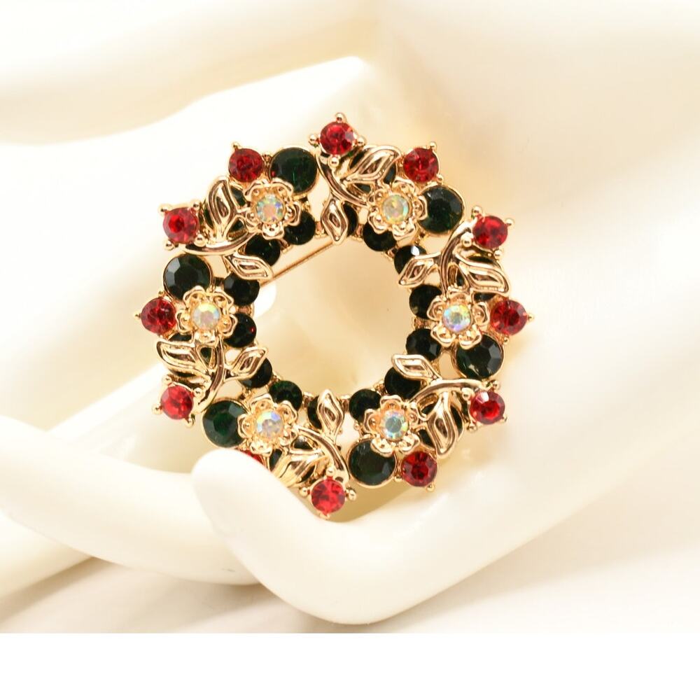 Vintage Monet Rhinestone Wreath Brooch Red Green AB Crystal Gold Tone